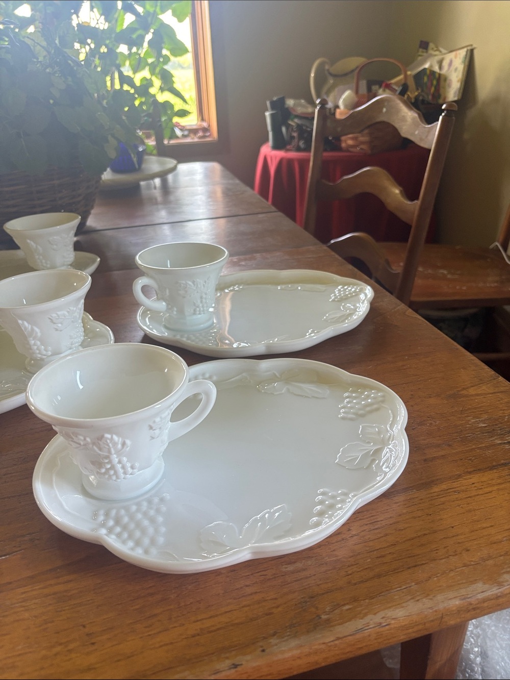 Vintage Indiana Glass Set of 6 Harvest Grape pattern white milk glass snack set - Picture 3 of 13